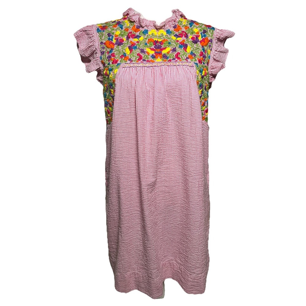 SISTER MARY Striped Embroidered Floral Dress Medium Seer Sucker Boho Ruffle